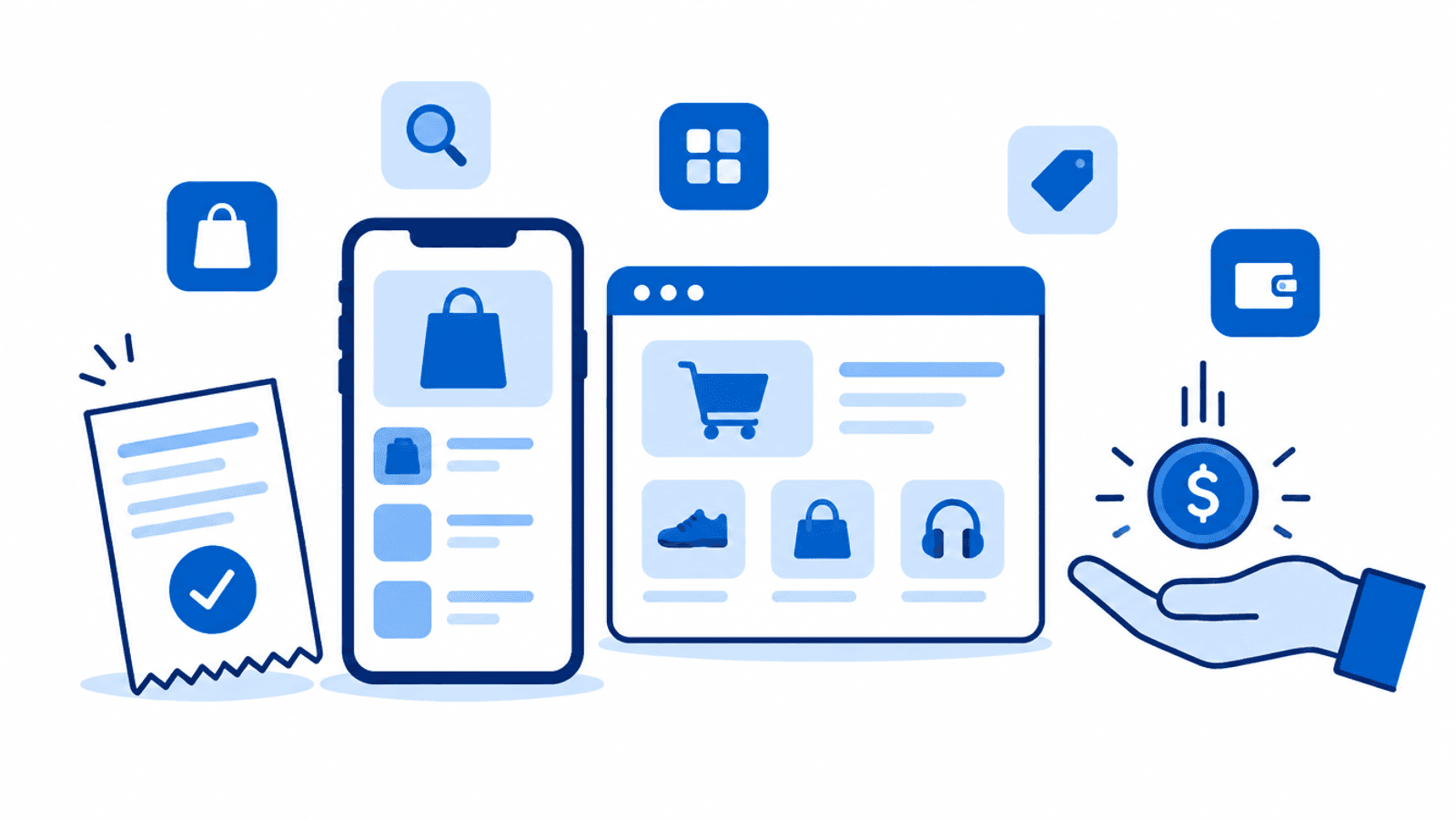 A phone and a browser window surrounded by app icons, a receipt with a checkmark, and a coin dropping into an open hand